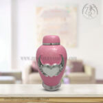 Pink Cremation Urns- Dom Top Urn White Enameled with Angle Wings Heart Adult Urn