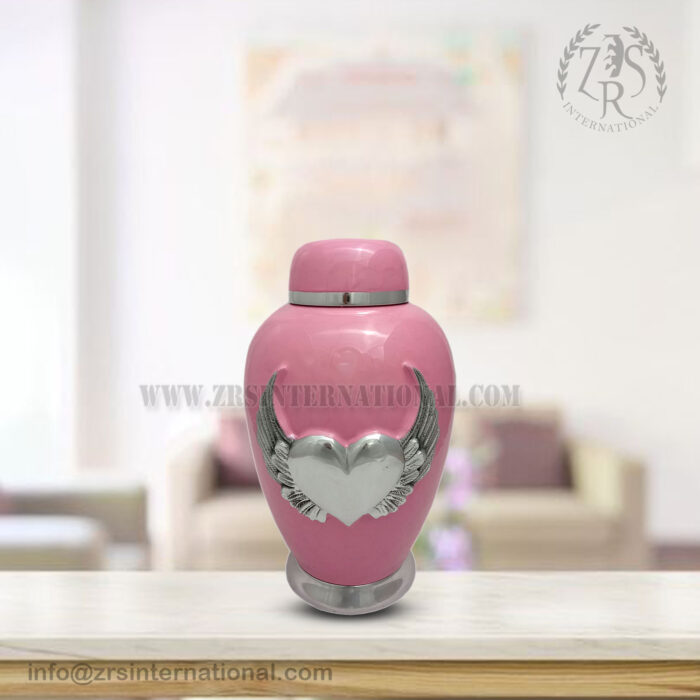 Pink Cremation Urns- Dom Top Urn White Enameled with Angle Wings Heart Adult Urn