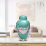 Green Cremation Urns- Dom Top Urn White Enameled with Angle Wings Heart Adult Urn
