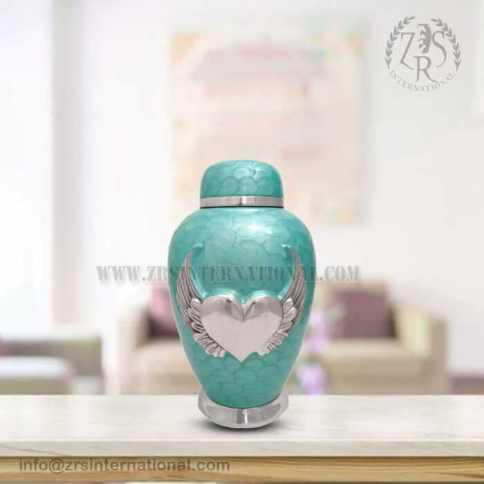 Green Cremation Urns- Dom Top Urn White Enameled with Angle Wings Heart Adult Urn
