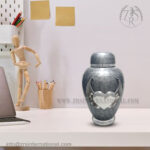 Gray Cremation Urns- Dom Top Urn White Enameled with Angle Wings Heart Adult Urn