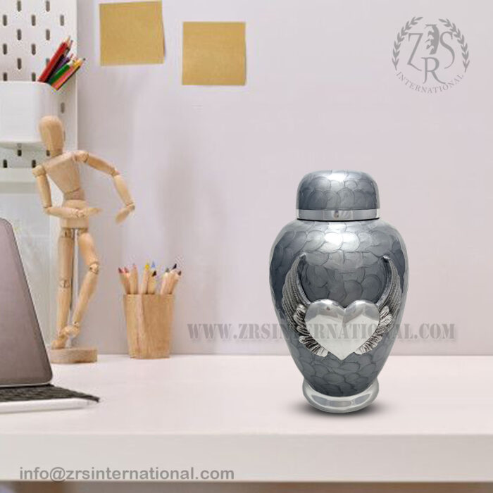 Gray Cremation Urns- Dom Top Urn White Enameled with Angle Wings Heart Adult Urn